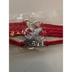 Red Butterfly Infinity Love Multilayer‎ Braided Cord Wrap Bracelet Silver Charms